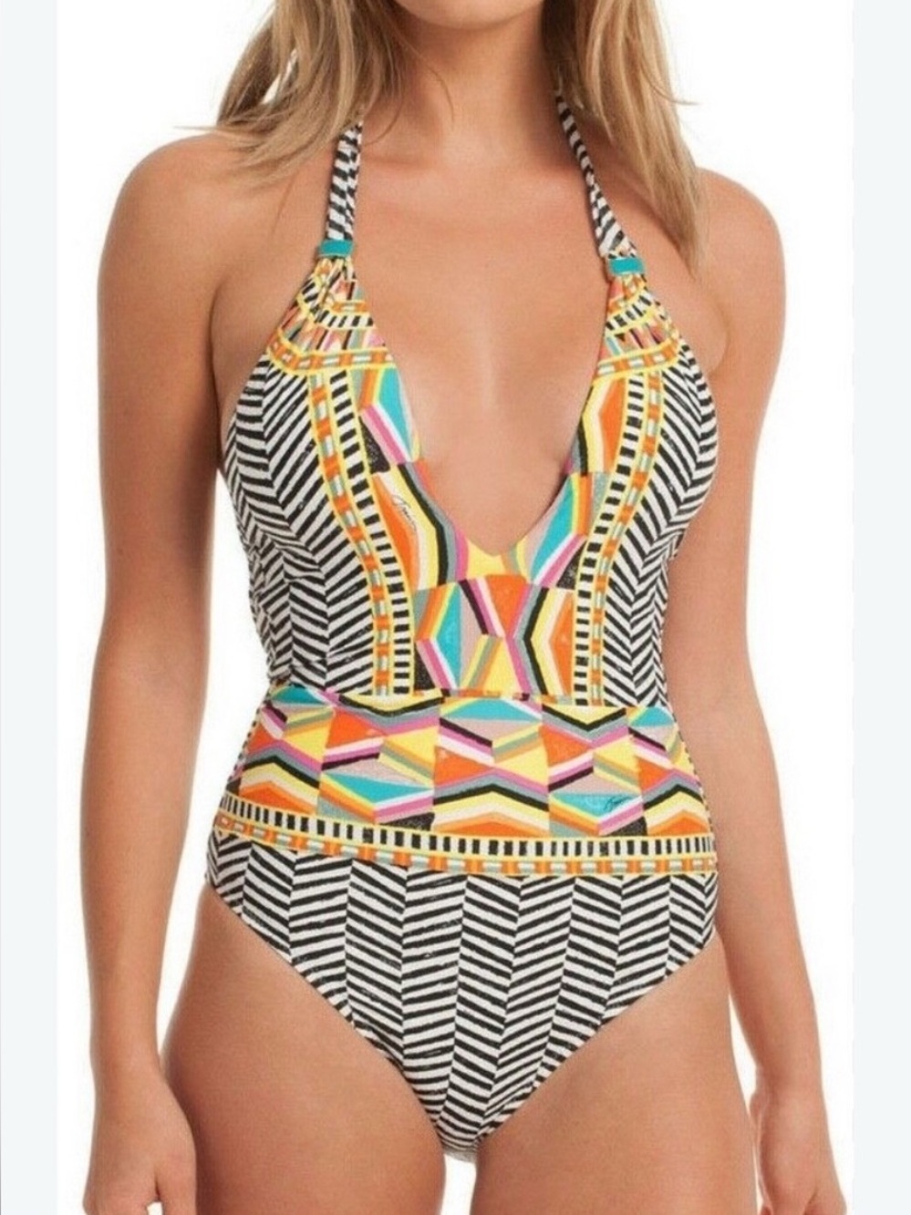 Trina Turk Brasilia V-Plunge Multicolor Geometric One-Piece Swimsuit - Women